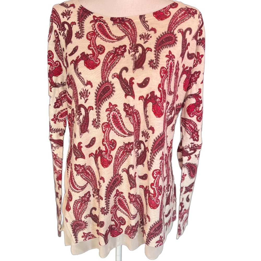 Lucky Brand Cream and Red Paisley Long-Sleeve Women's Top